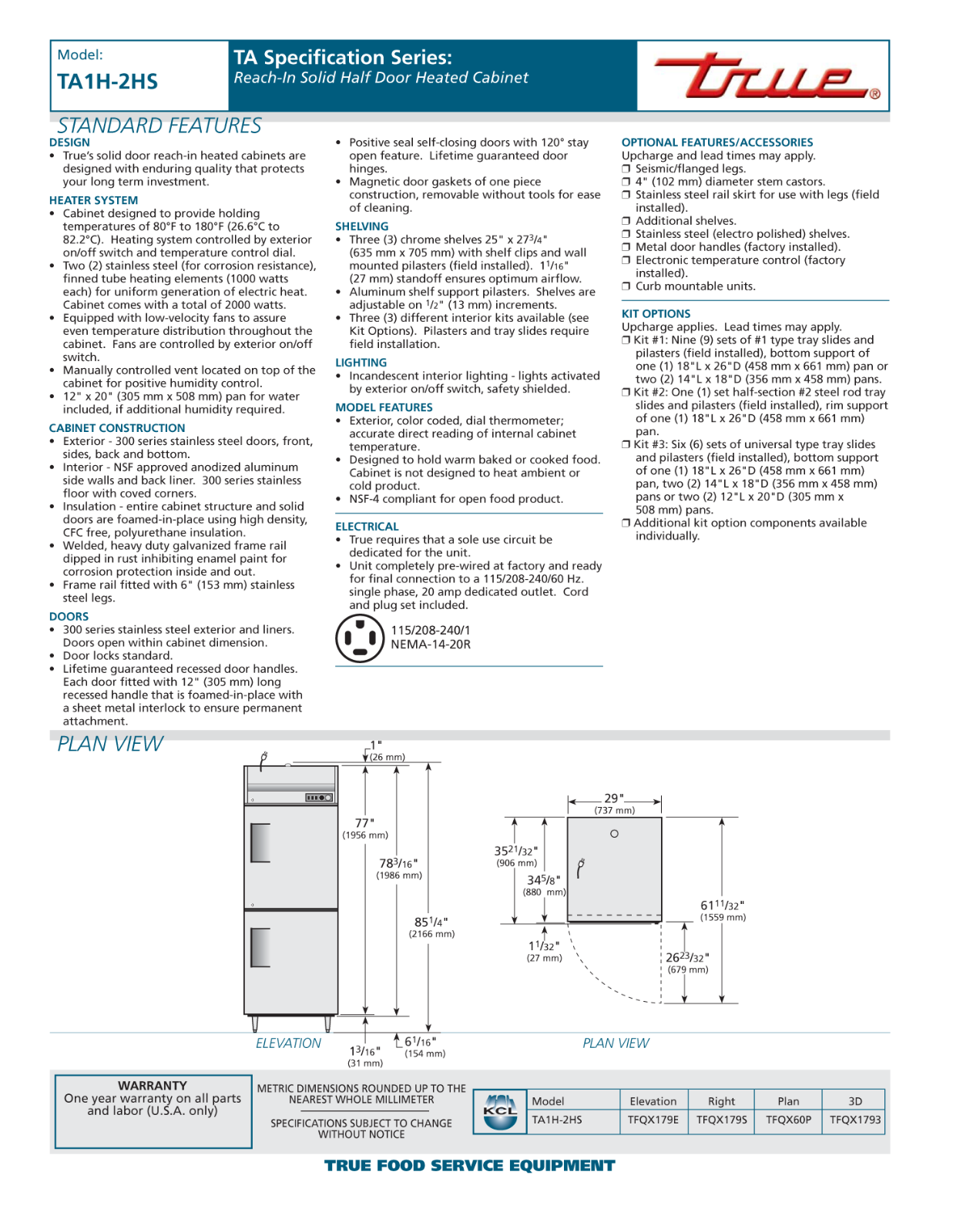 True TA1H-2HS User Manual