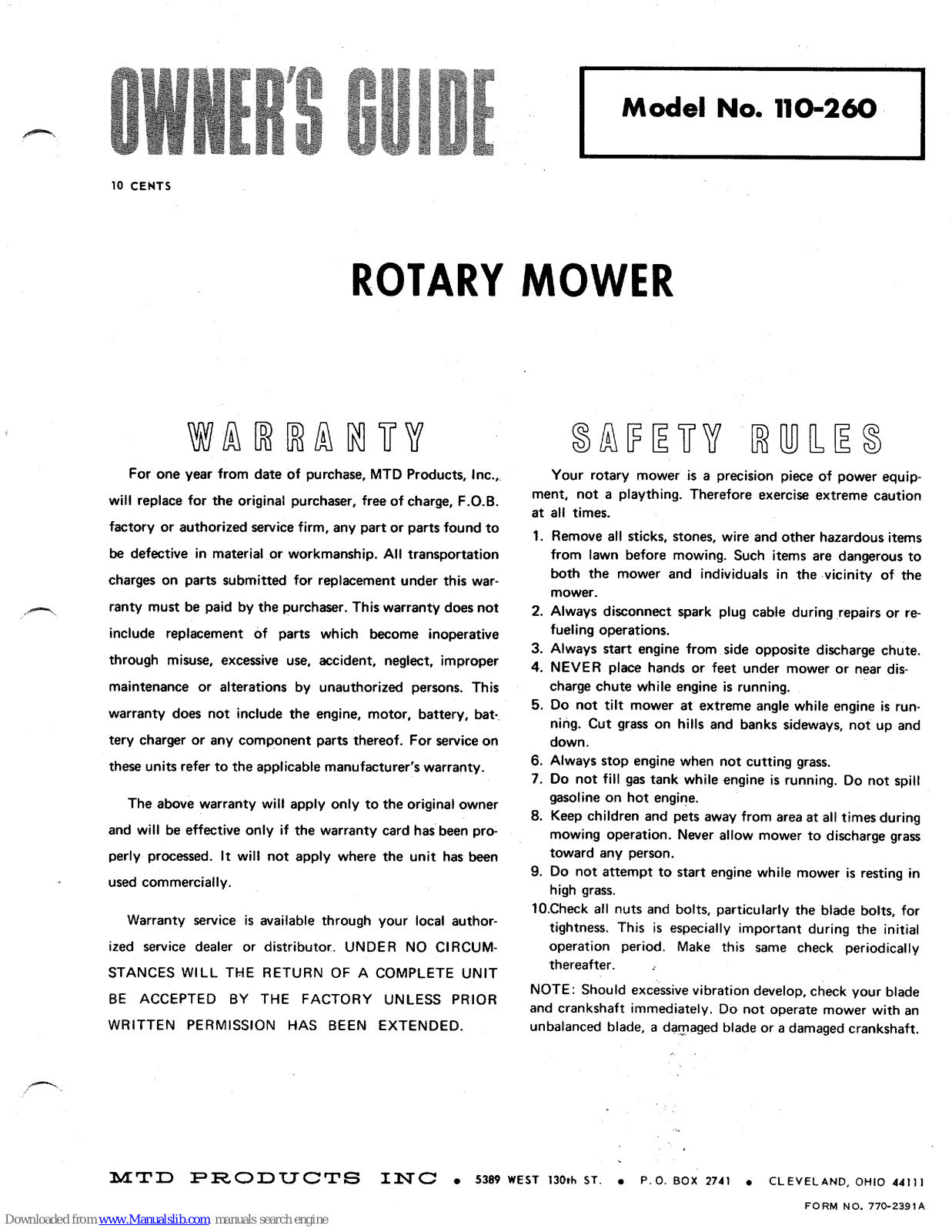 MTD 110-260 Owner's Manual