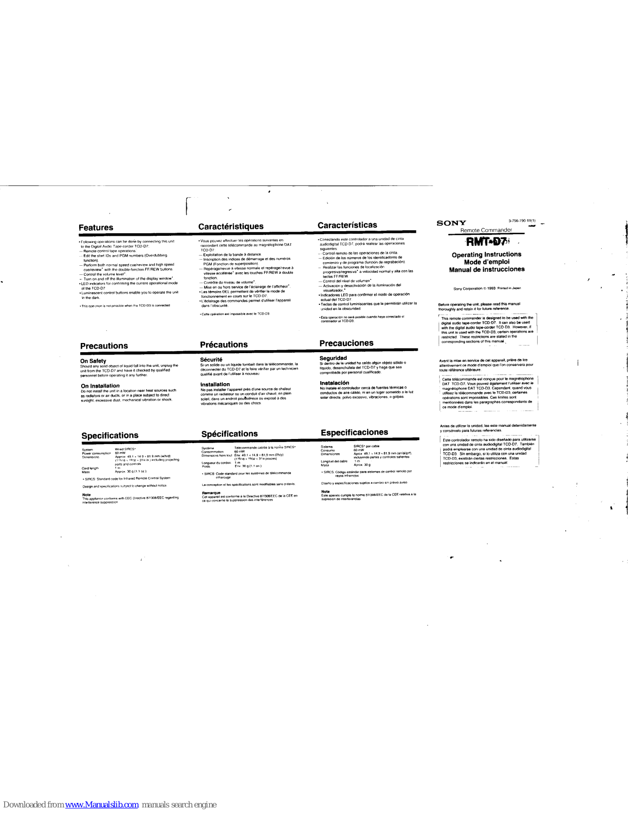 Sony RMT-D7 Primary User Manual