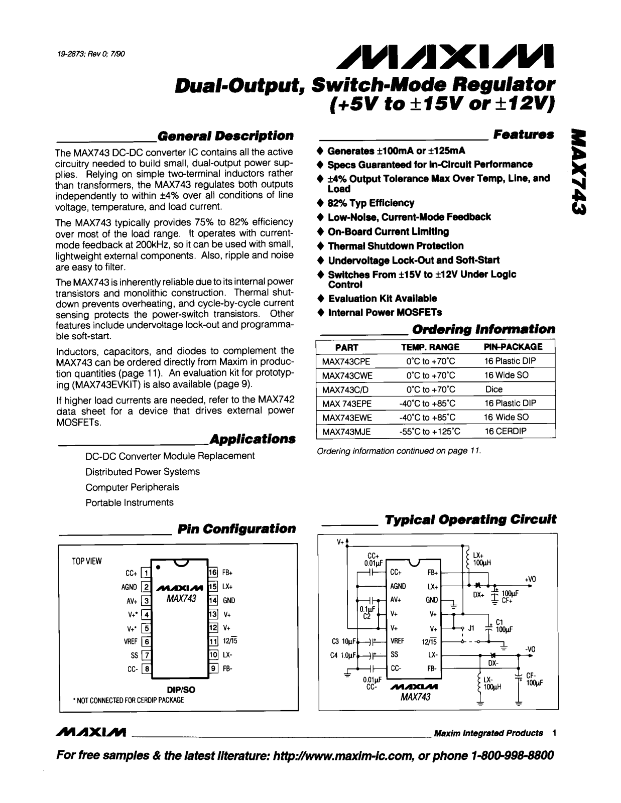 Maxim MAX743C-D, MAX743CPE, MAX743CWE, MAX743EPE, MAX743MJE Datasheet