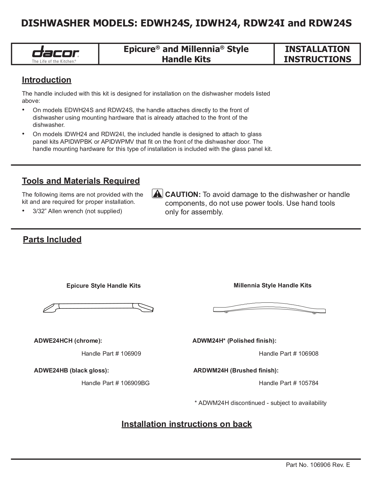 Dacor RDW24S Installation Manual