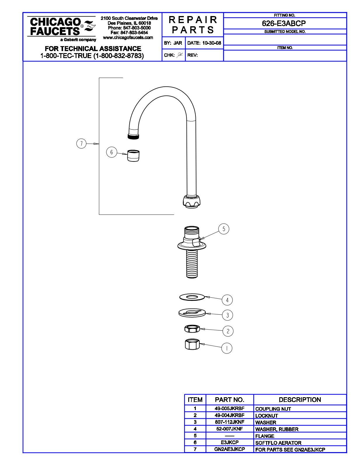 Chicago Faucet 626-E3ABCP Parts List