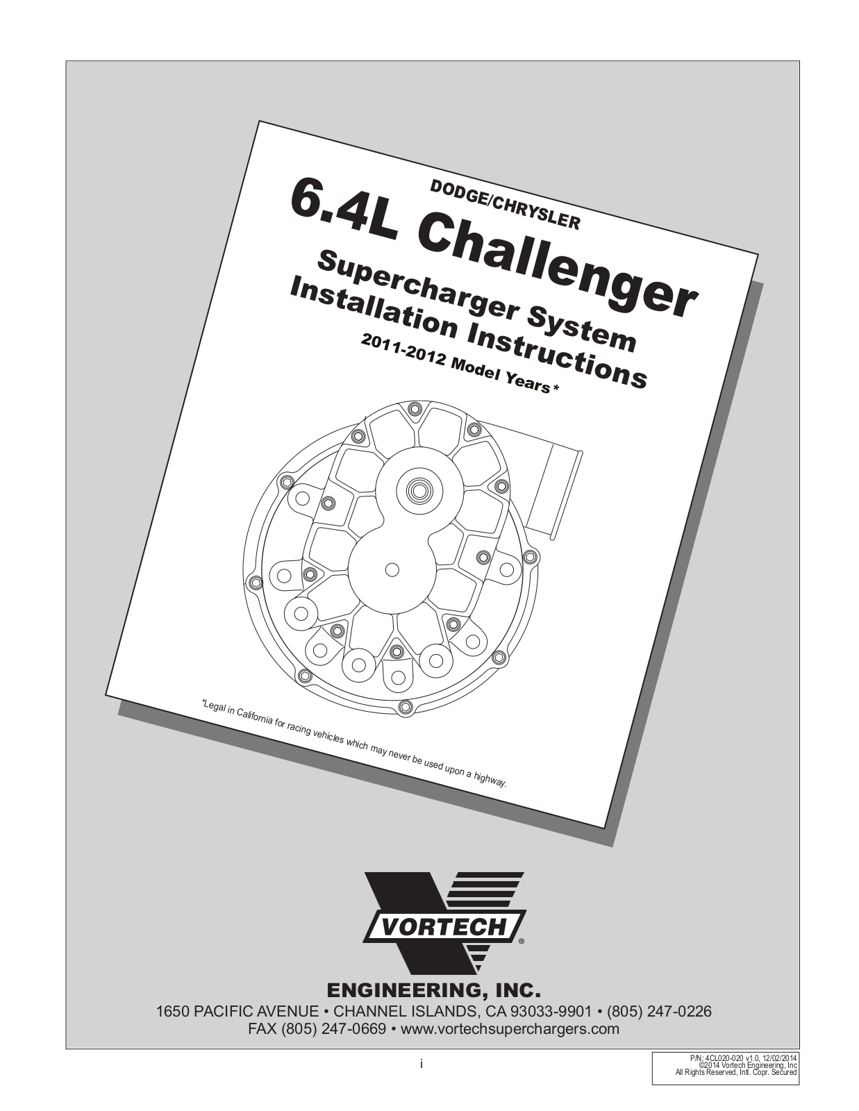 Vortech 2011-2012 6.4L Hemi Challenger User Manual