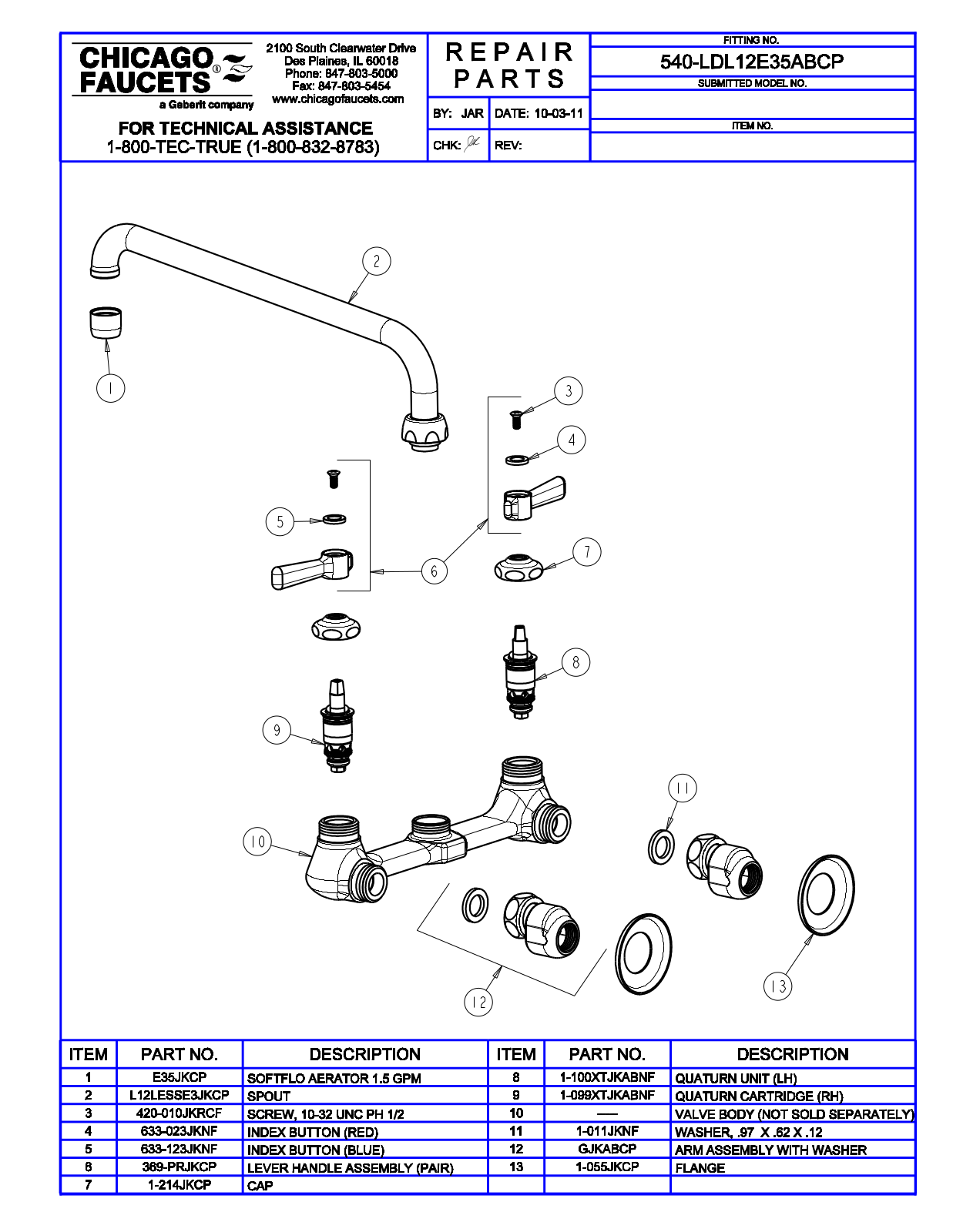 Chicago Faucet 540-LDL12E35AB Parts List