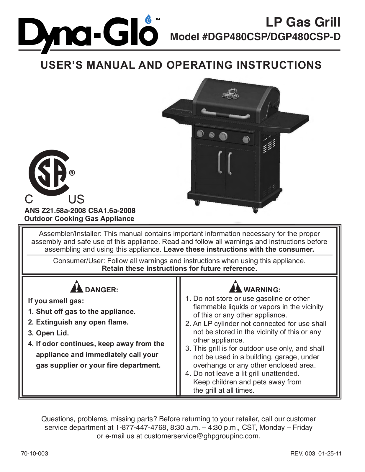 Dyna-glo Dgp480csp-d-1 Owner's Manual