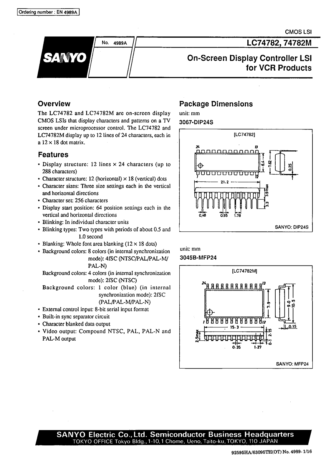 SANYO LC74782M, LC74782 Datasheet