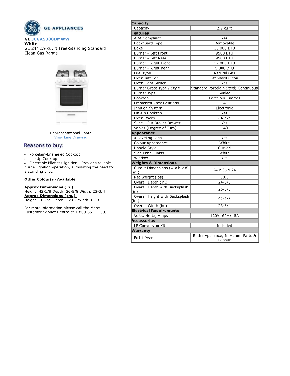 GE JCGAS300DMWW PRODUCT SPECIFICATIONS