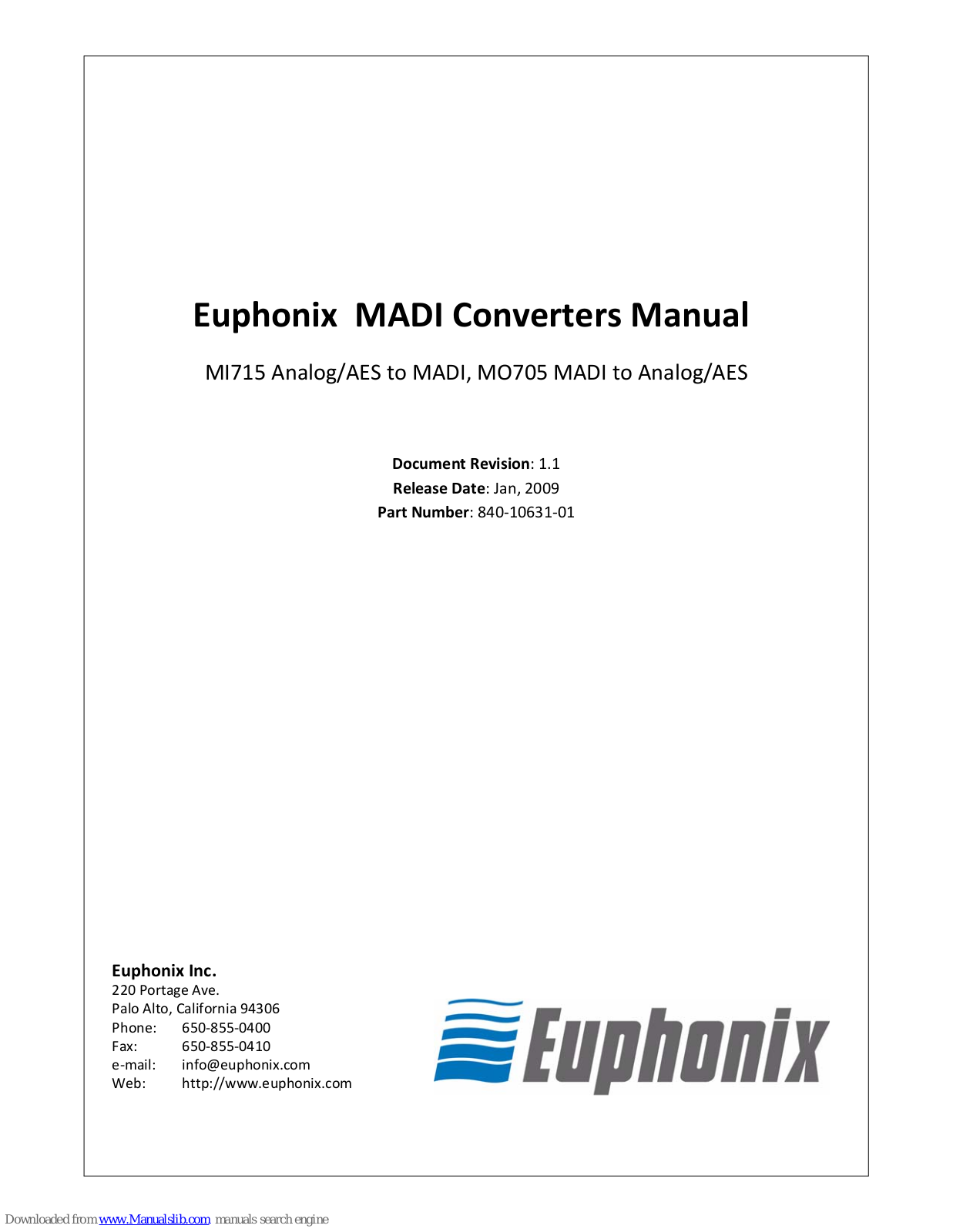 Euphonix MADI MI715, MO705 User Manual