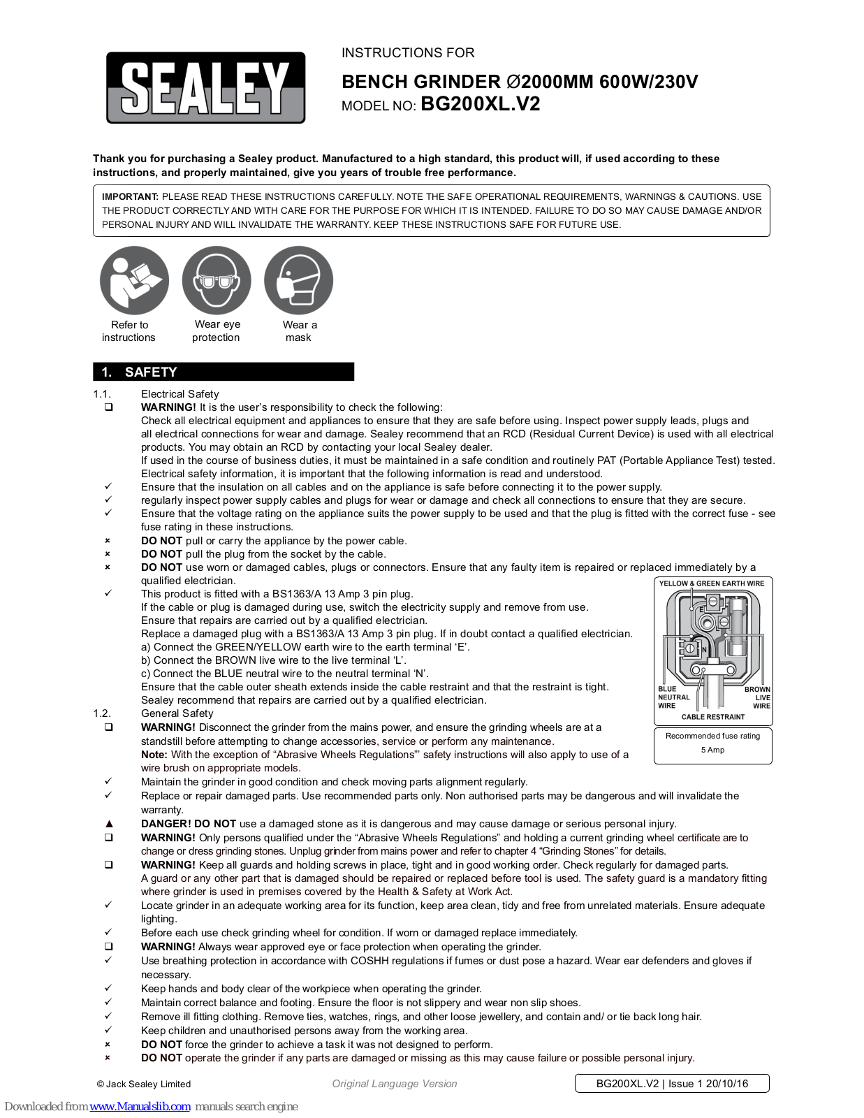 Sealey BG200XL.V2 Instructions Manual