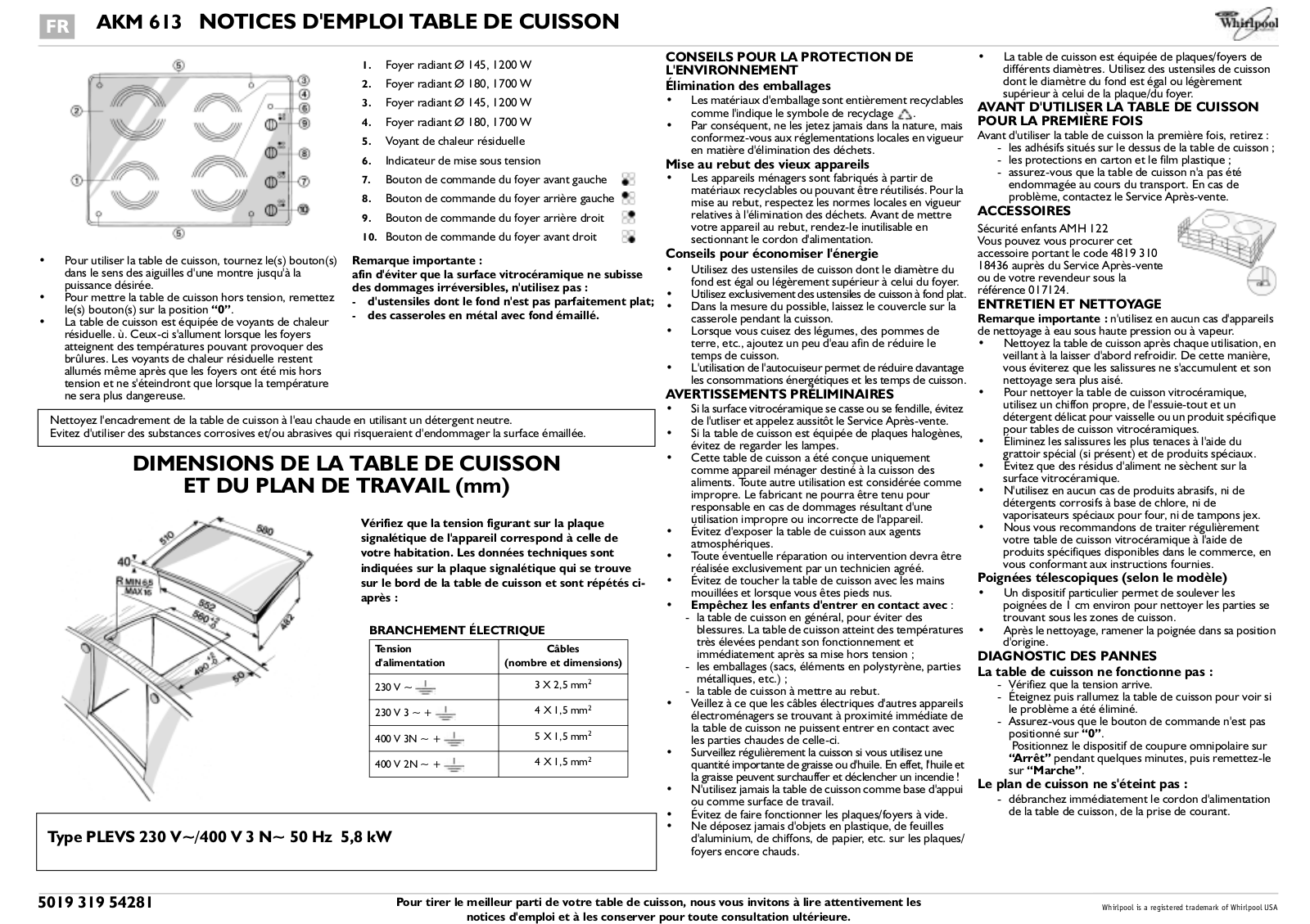 WHIRLPOOL AKM613IX User Manual