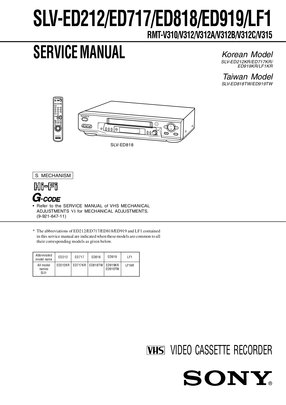 Sony SLV-ED212KR, SLV-ED717KR, SLV-ED818TW, SLV-ED919KR, SLV-ED919TW Service Manual