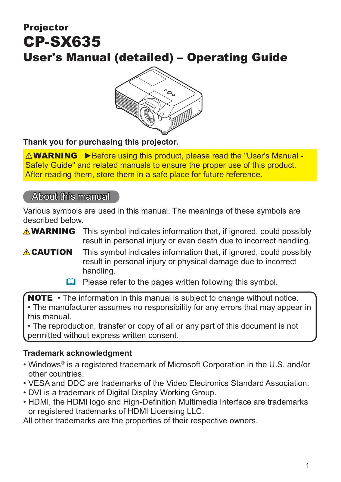 Hitachi CP-SX635 Operating Guide