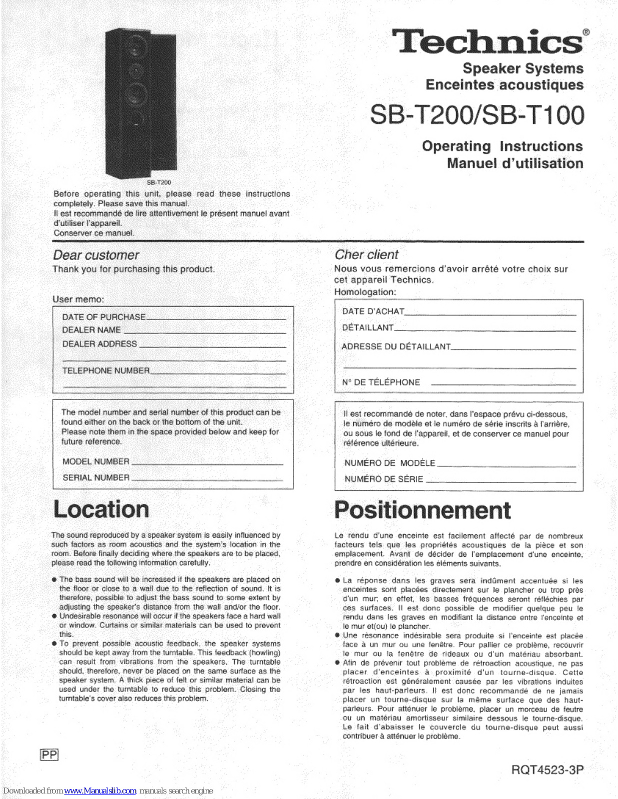 Technics SB-T200, SB-T100 Operating Instructions Manual