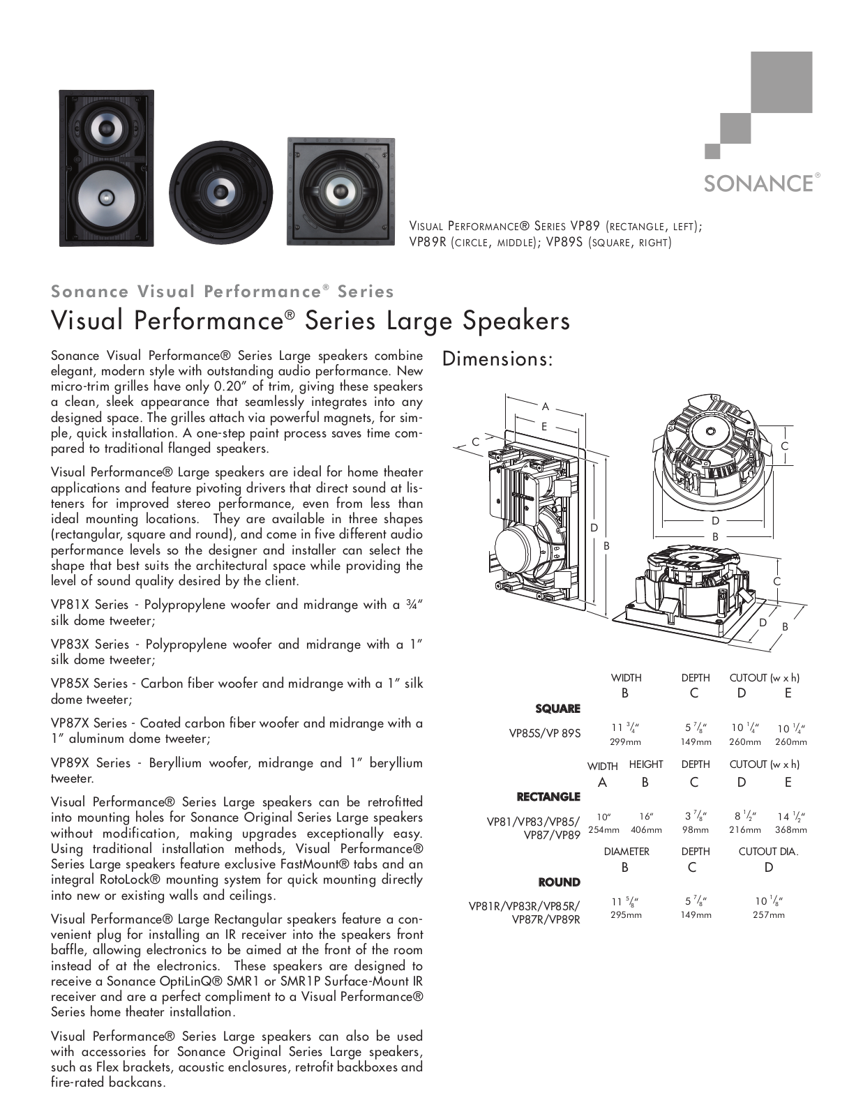 Sonance VISUAL PERFORMANCE  SPEAKERS DATASHEET