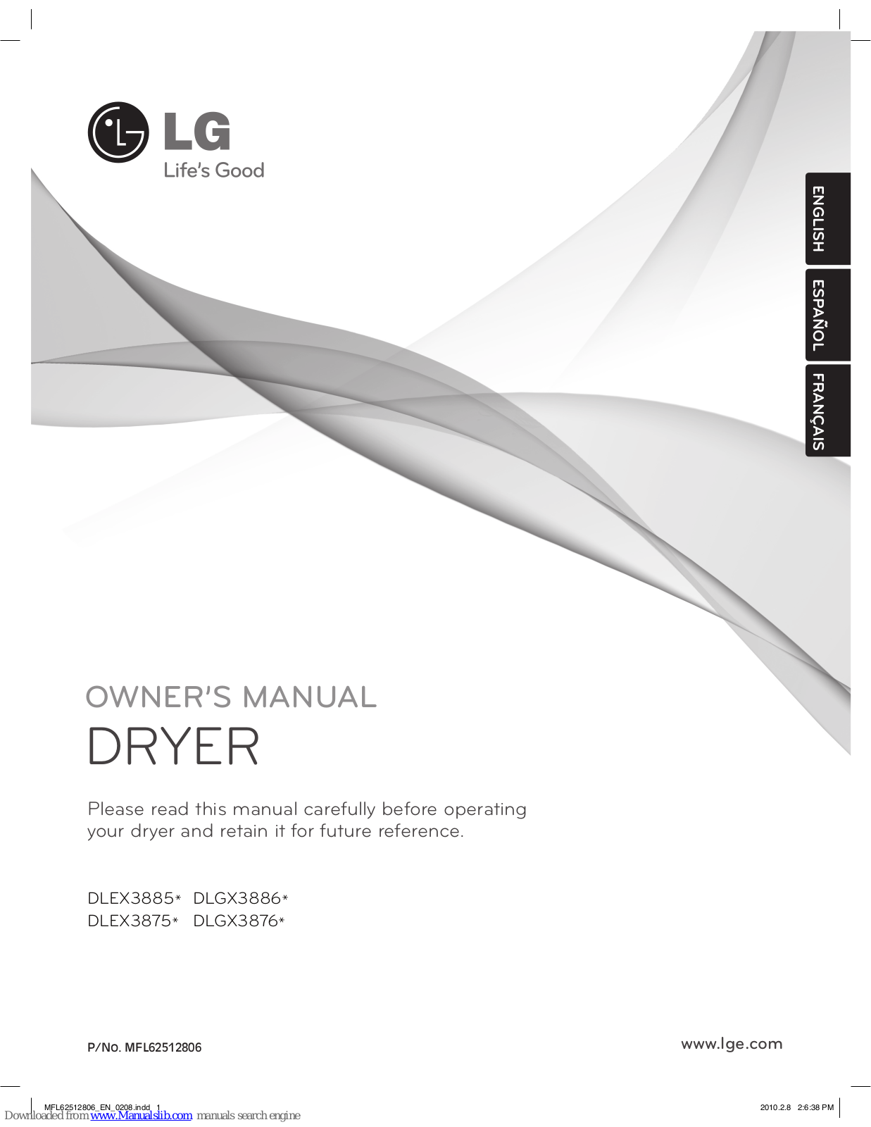 LG DX3876W, u0007DLEX3885C, DLEX3885W, DLEX3875V, DLEX3875W Owner's Manual