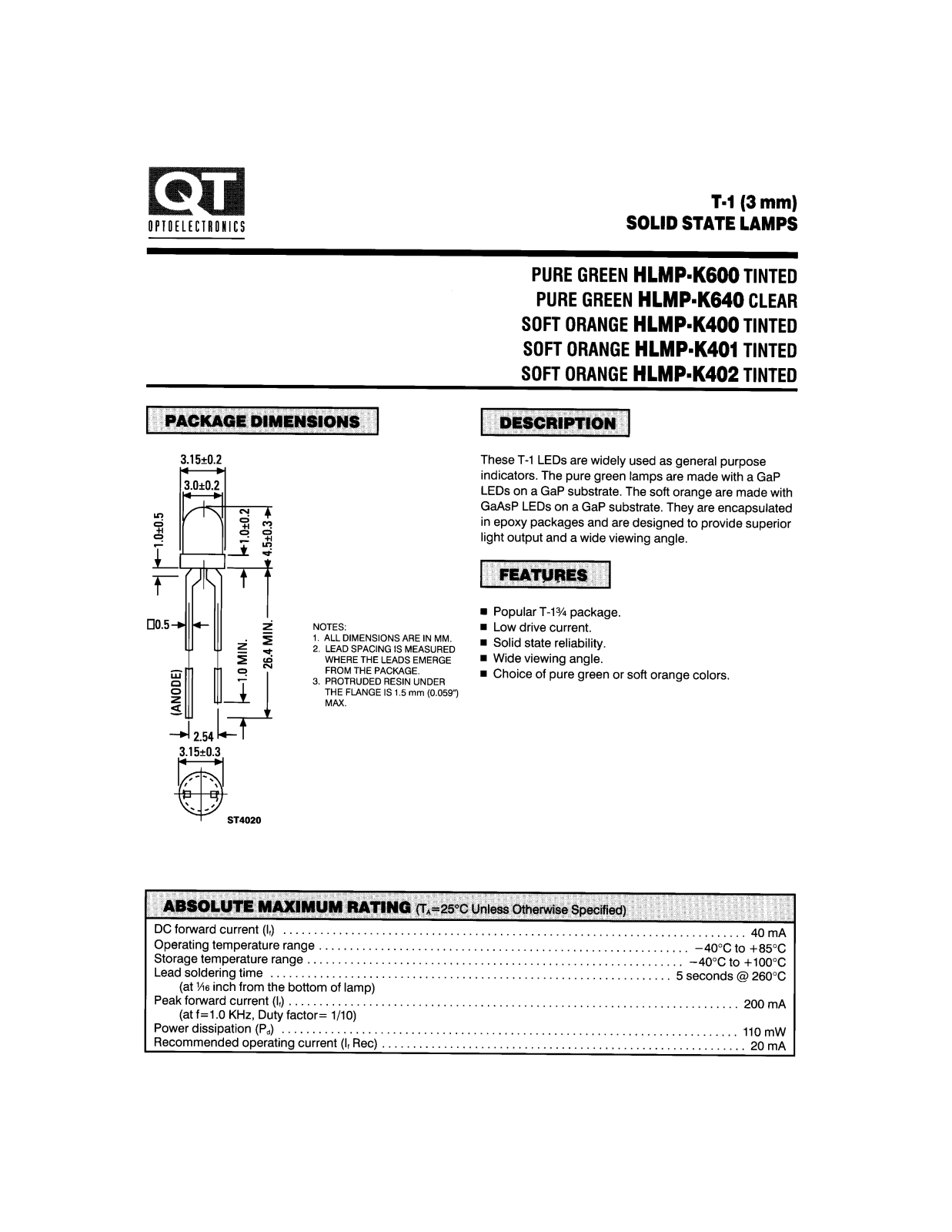 QT HLMP-K640, HLMP-K400, HLMP-K401, HLMP-K402, HLMP-K600 Datasheet