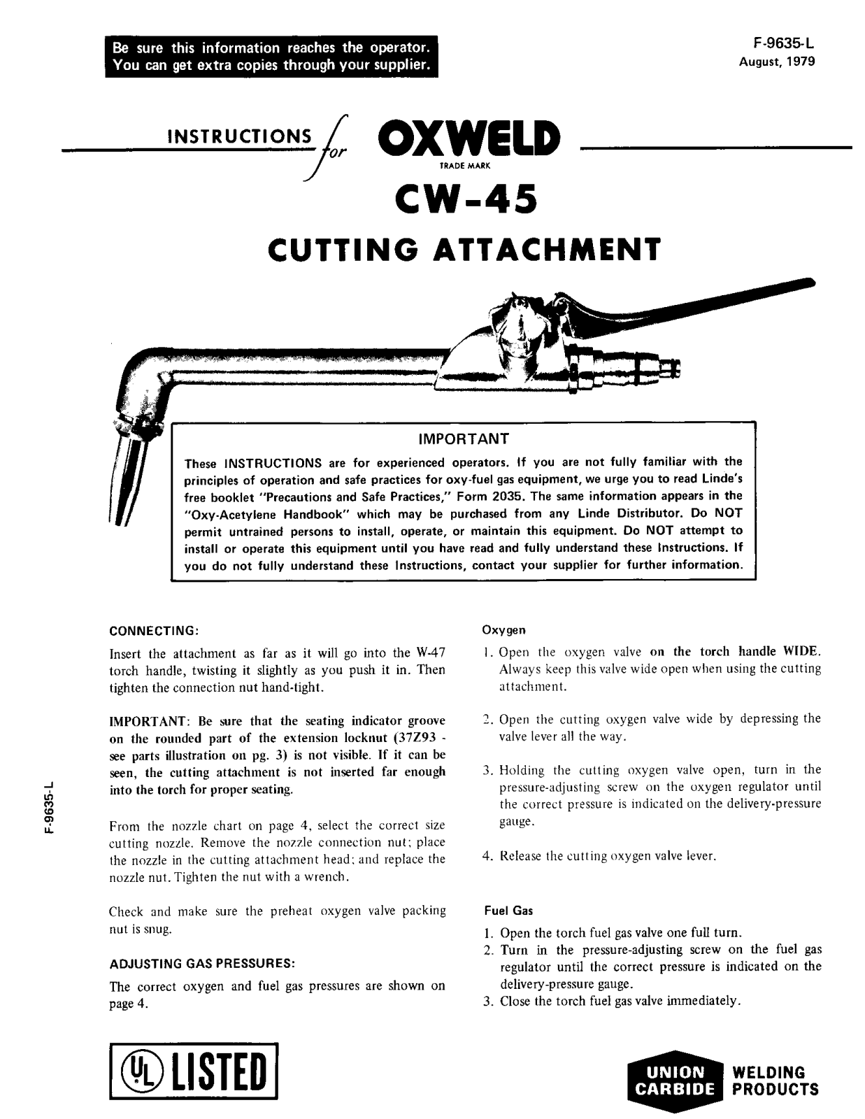 UNION CARBIDE OXWELD CW-45 Cutting Attachment Troubleshooting instruction
