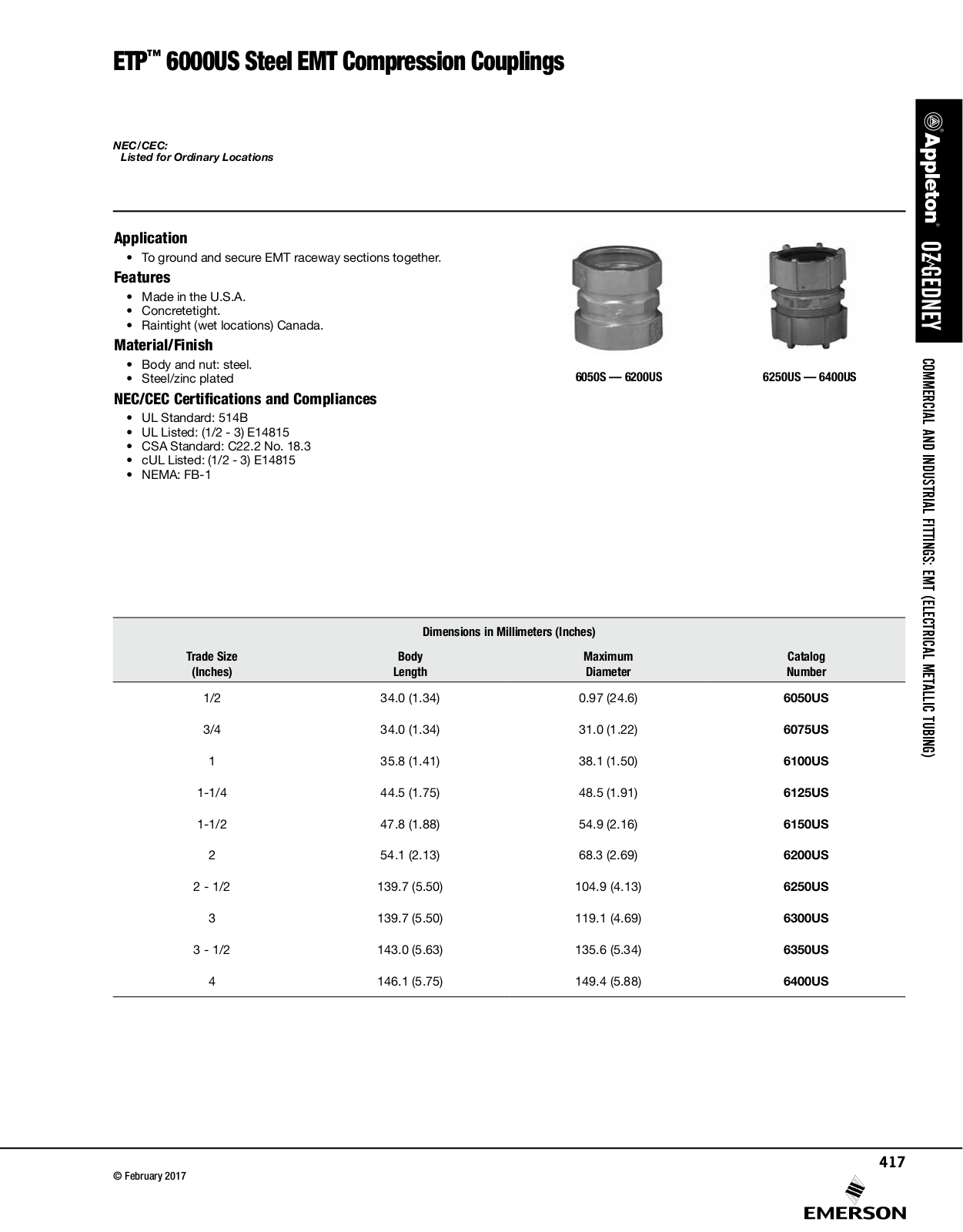 Appleton 6000US Steel EMT Compression Couplings Catalog Page