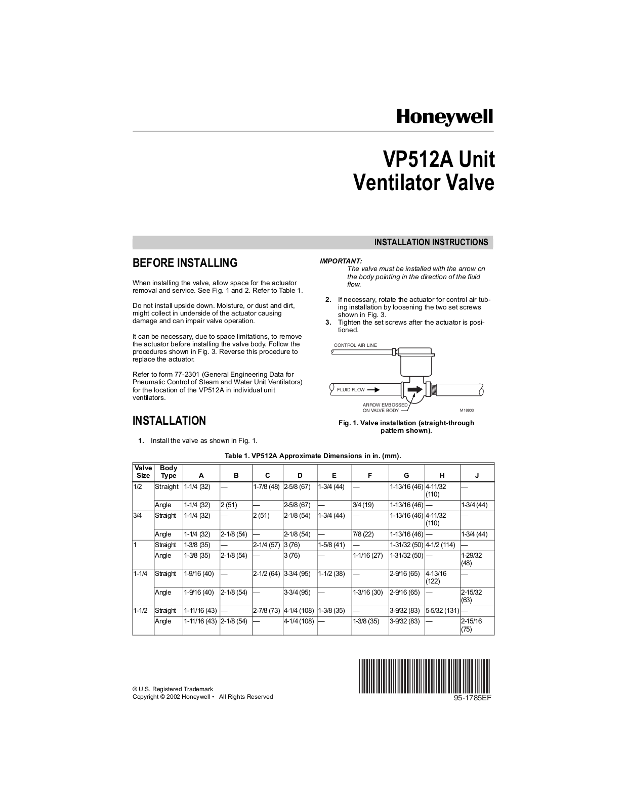 Honeywell VP512A Installation Instructions Manual