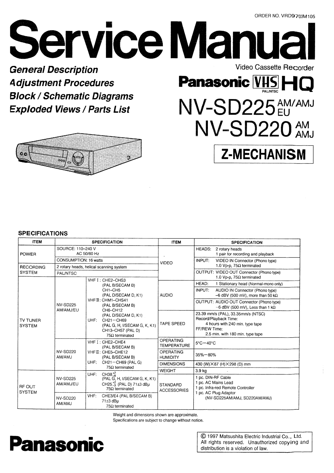 Panasonic NV-SD225, NV-SD220 Service manual