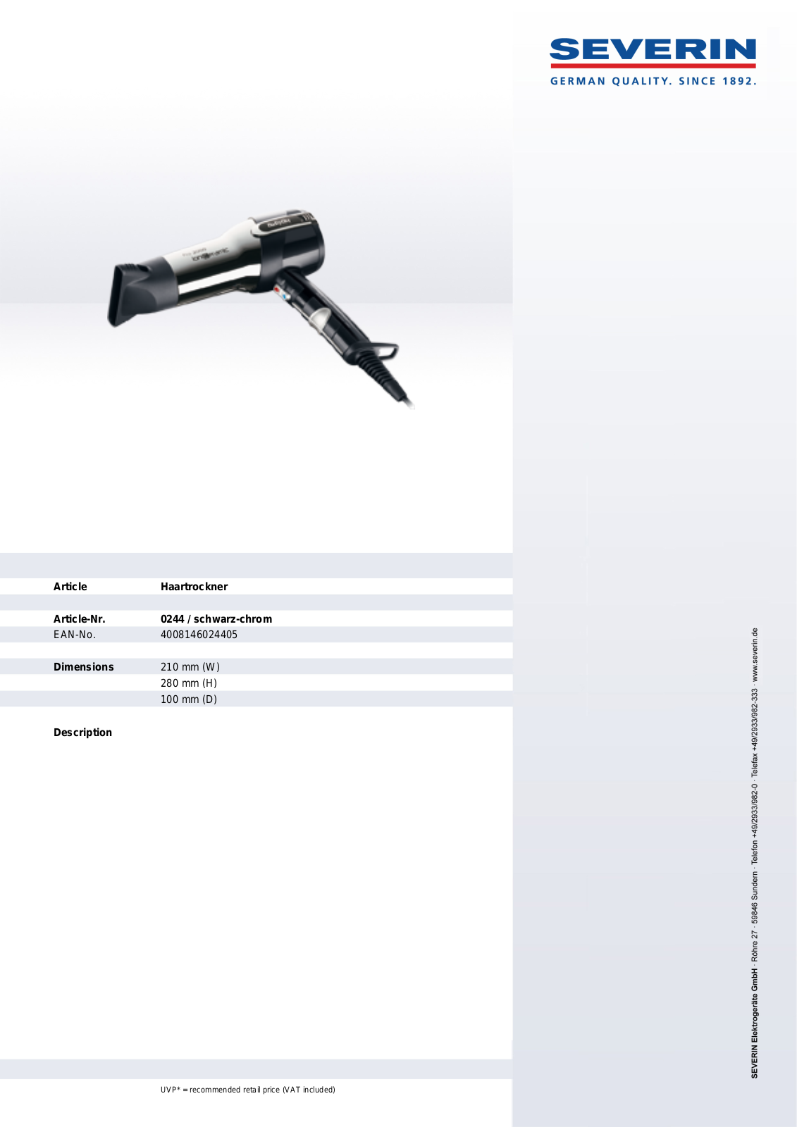 Severin PRO 2000 IONICERAMIC 0244 User Manual