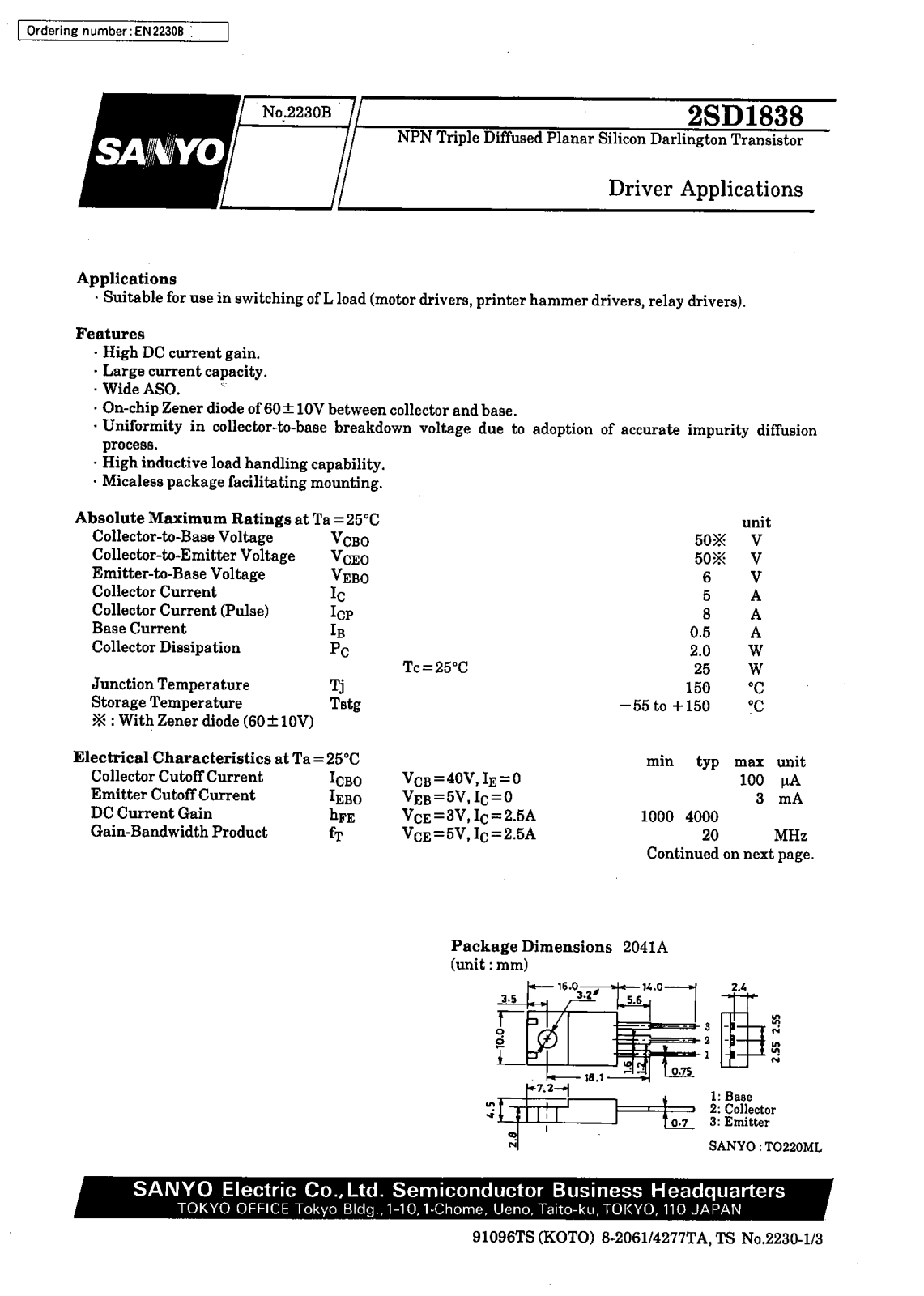 SANYO 2SD1838 Datasheet