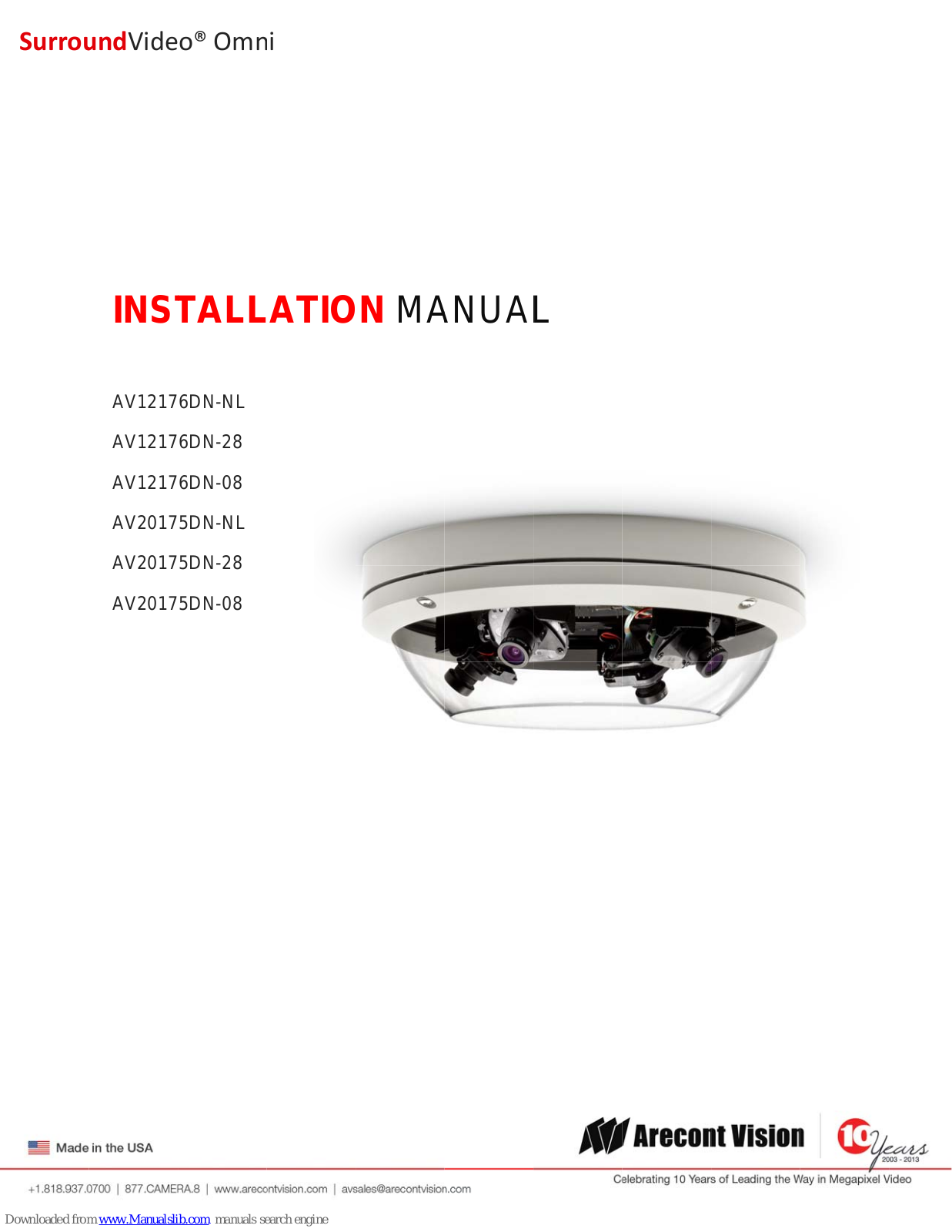 Arecont Vision AV12175DN-08, AV12175DN-28, AV12176DN-08, AV12175DN-NL, AV12176DN-NL Installation Manual