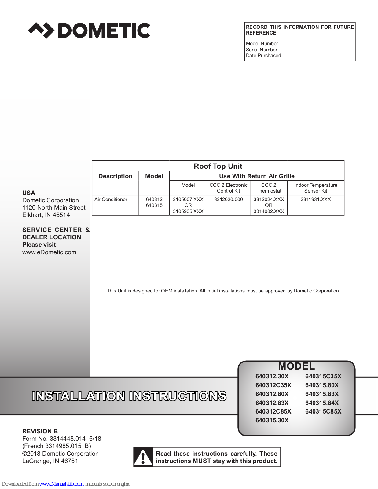 Dometic 640312.30X, 640312C35X, 640312 series, 640315C35X, 640312.80X Installation Instructions Manual