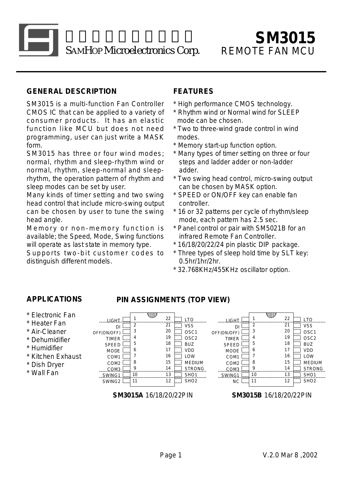 SamHop Microelectronics SM3015D, SM3015C Datasheet