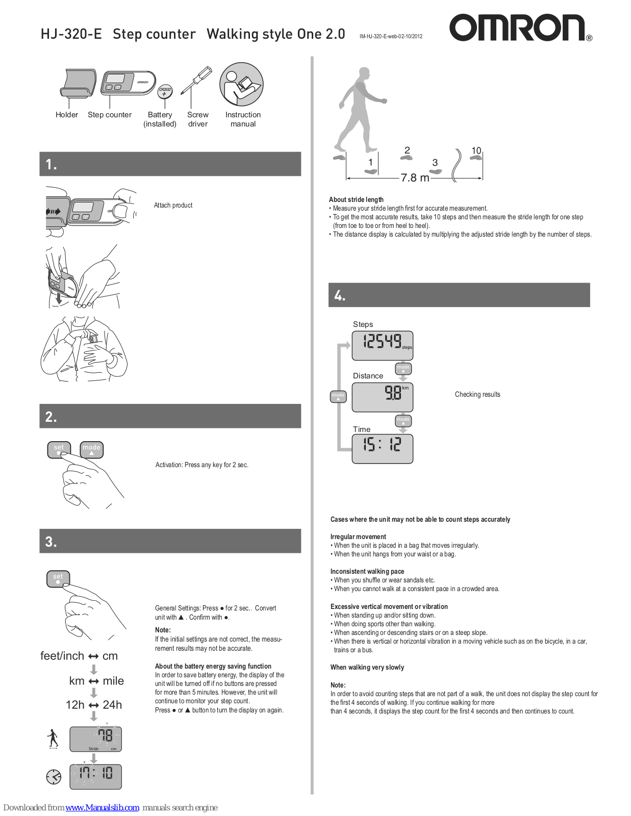 Omron HJ-320-E Walking style One 2.0, HJ-320-E Step counter Walking style One 2.0, Walking style One 2.0 Quick Start Manual