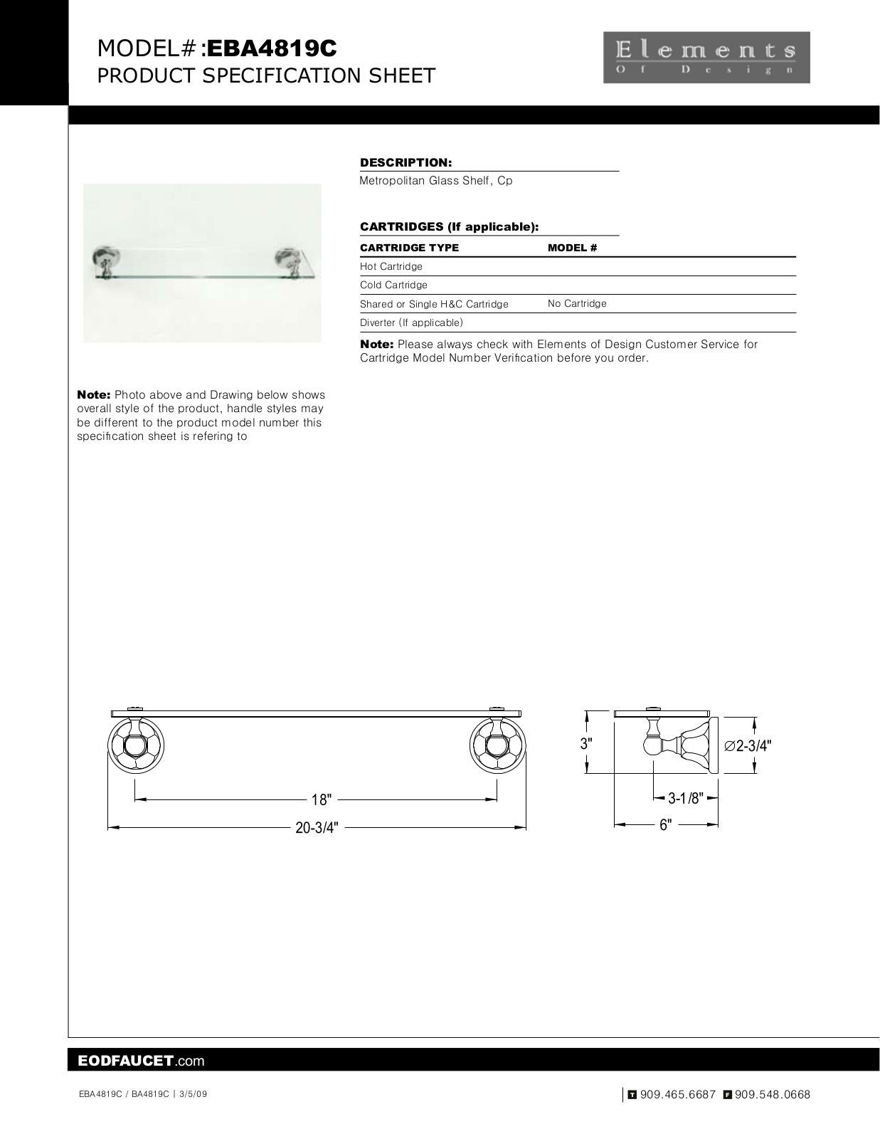 Elements of Design EDE1159 Glass Shelf Specification Sheet - ManualMachine.com