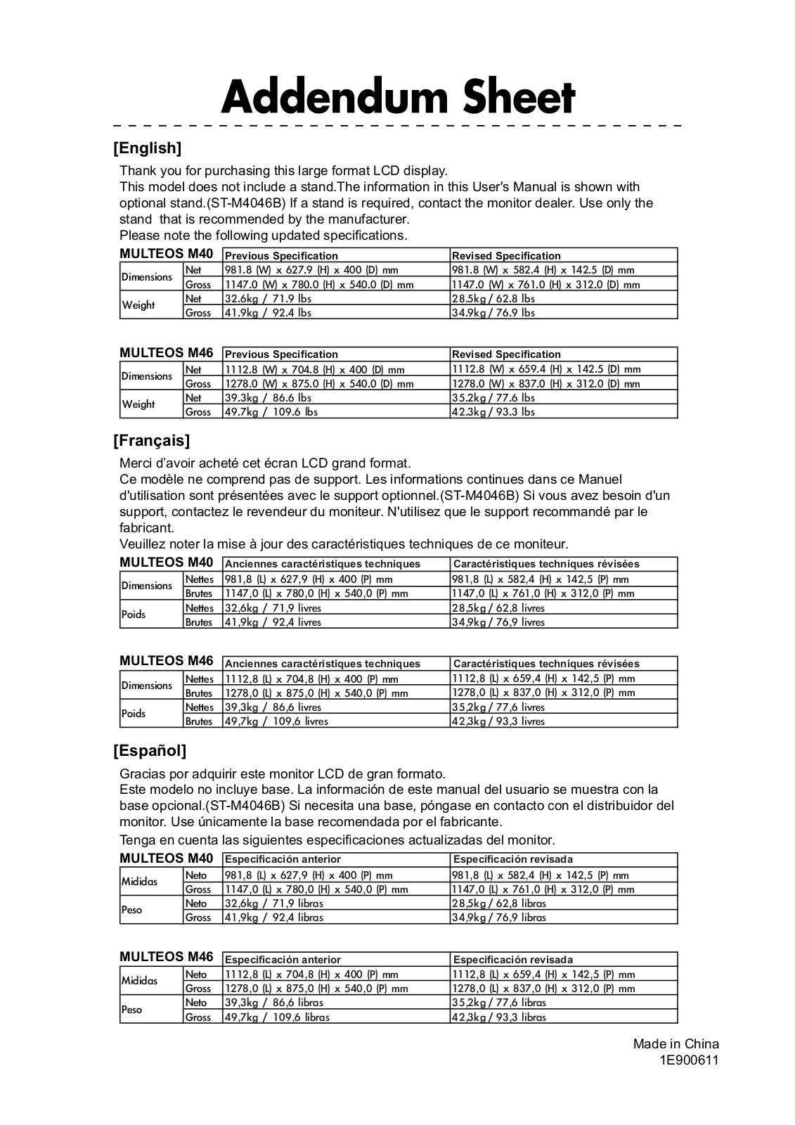 NEC Multeos M46B-AV User's Manual