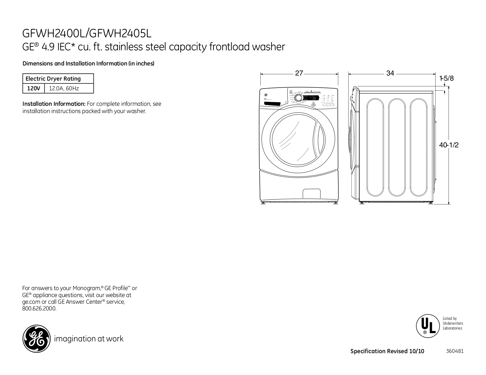 General Electric GFWH2400LWW User Manual