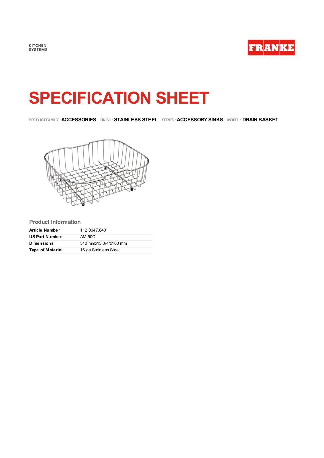 Franke Foodservice DRAIN BASKET User Manual