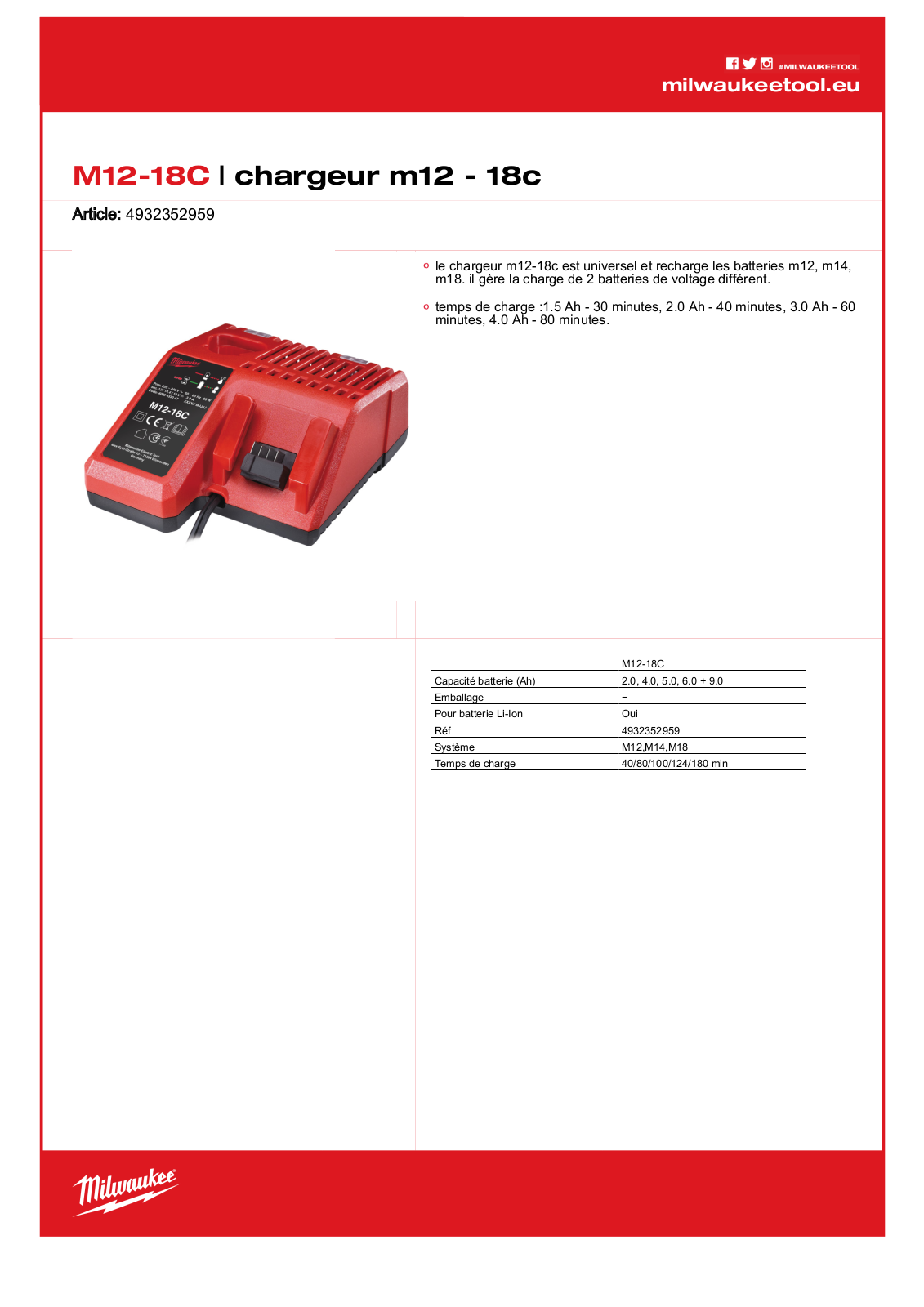 Milwaukee 4932352959, M12-18C Specification - ManualMachine.com