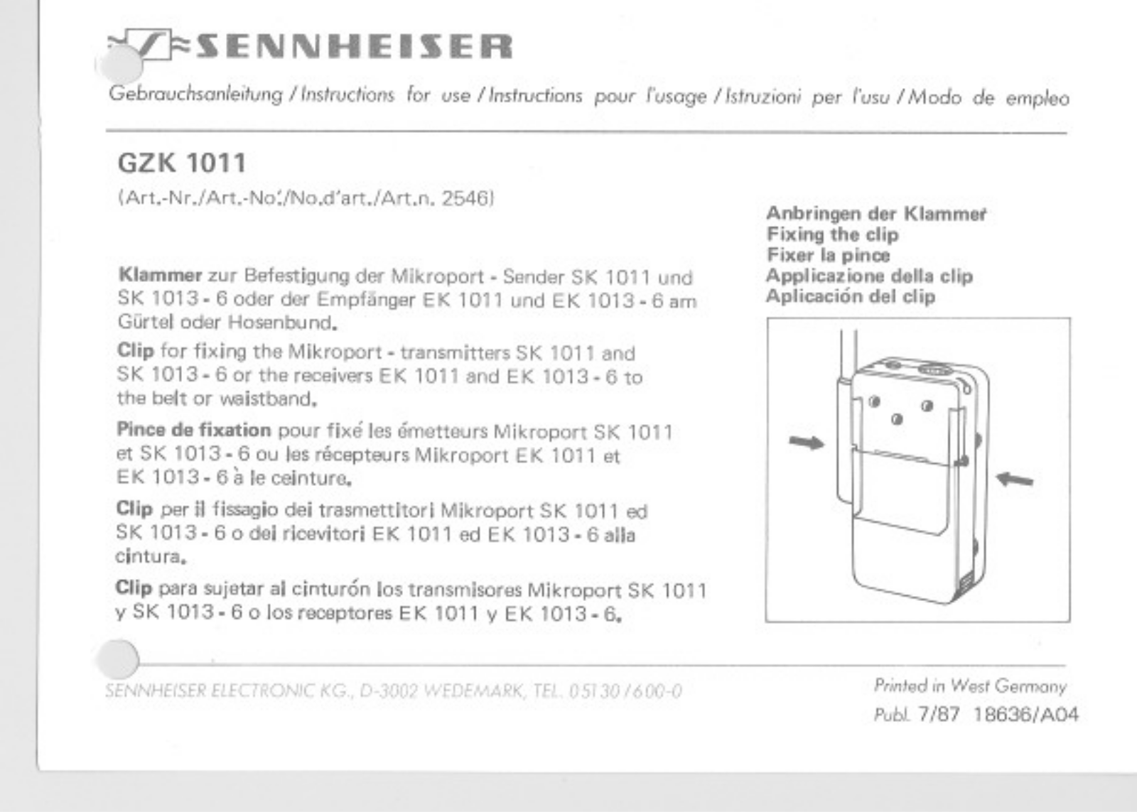 Sennheiser GZK 1011 User Manual