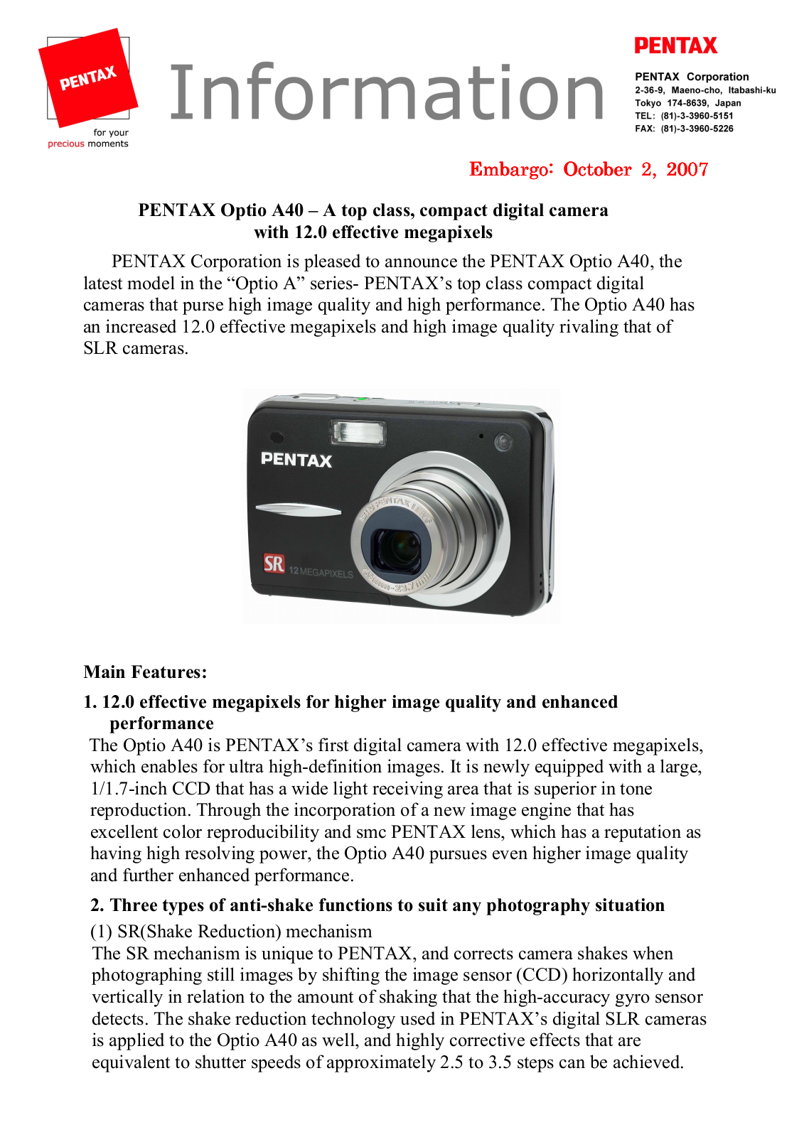 Pentax OPTIO A40 Information Manual