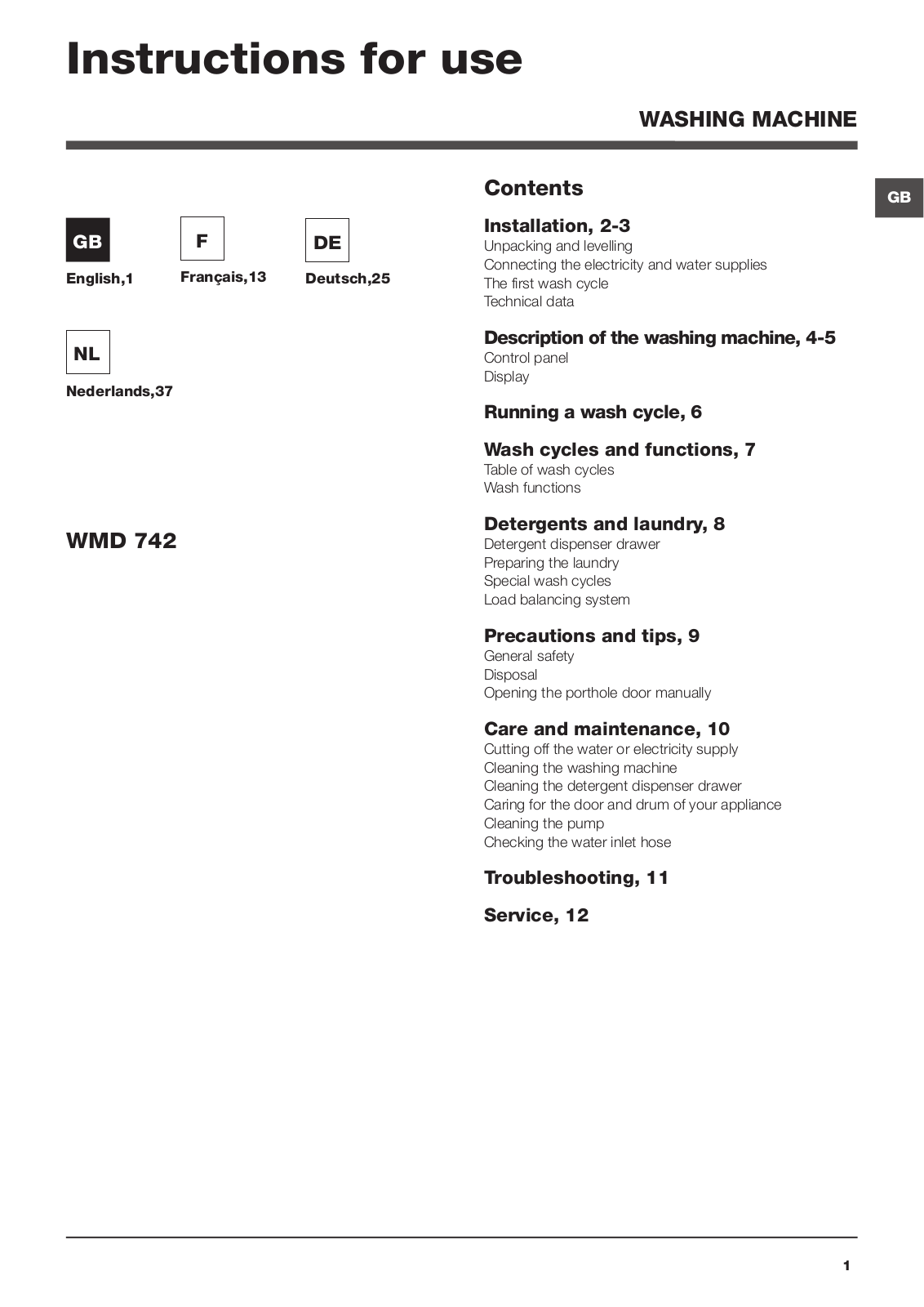 HOTPOINT WMD 752 SK User Manual