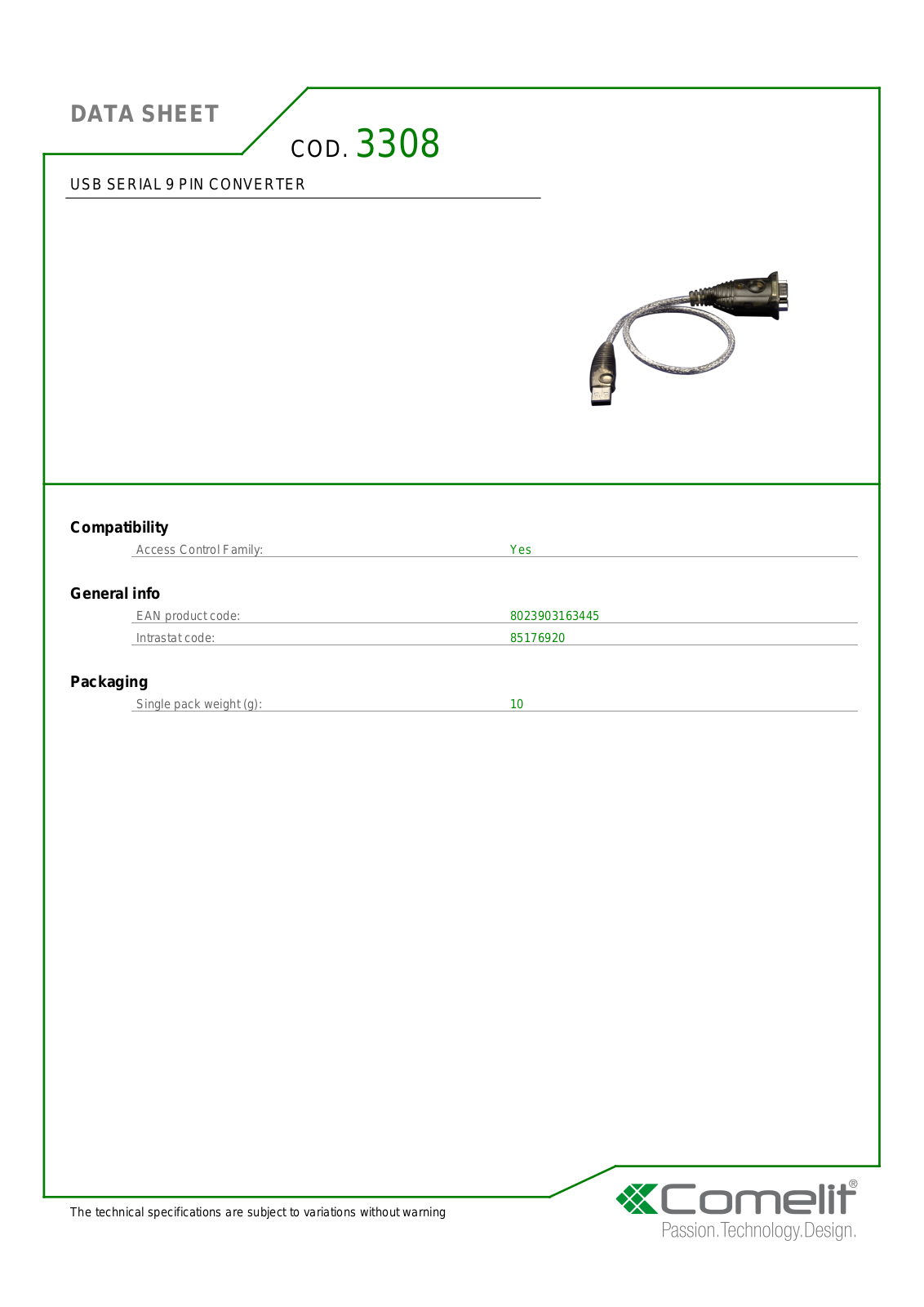 Comelit 3308 Specsheet