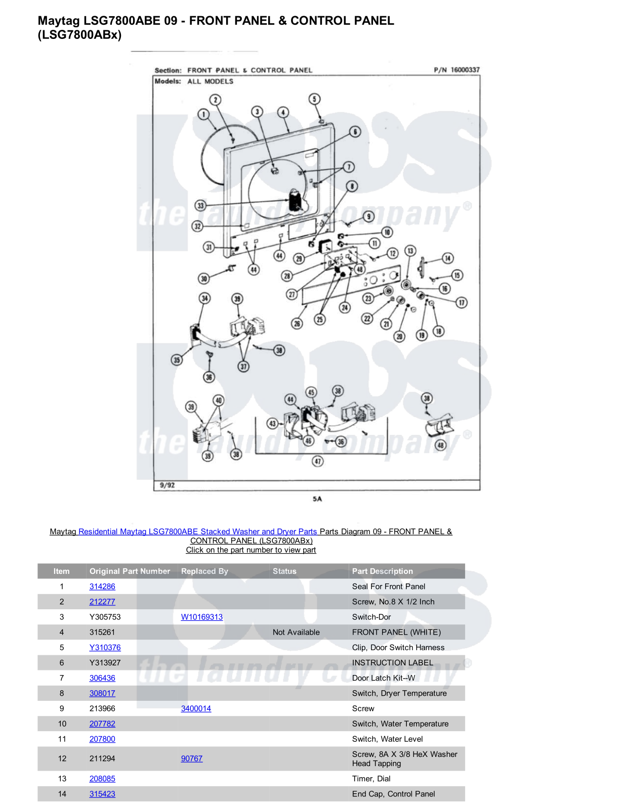 Maytag LSG7800ABE Stacked and Parts Diagram