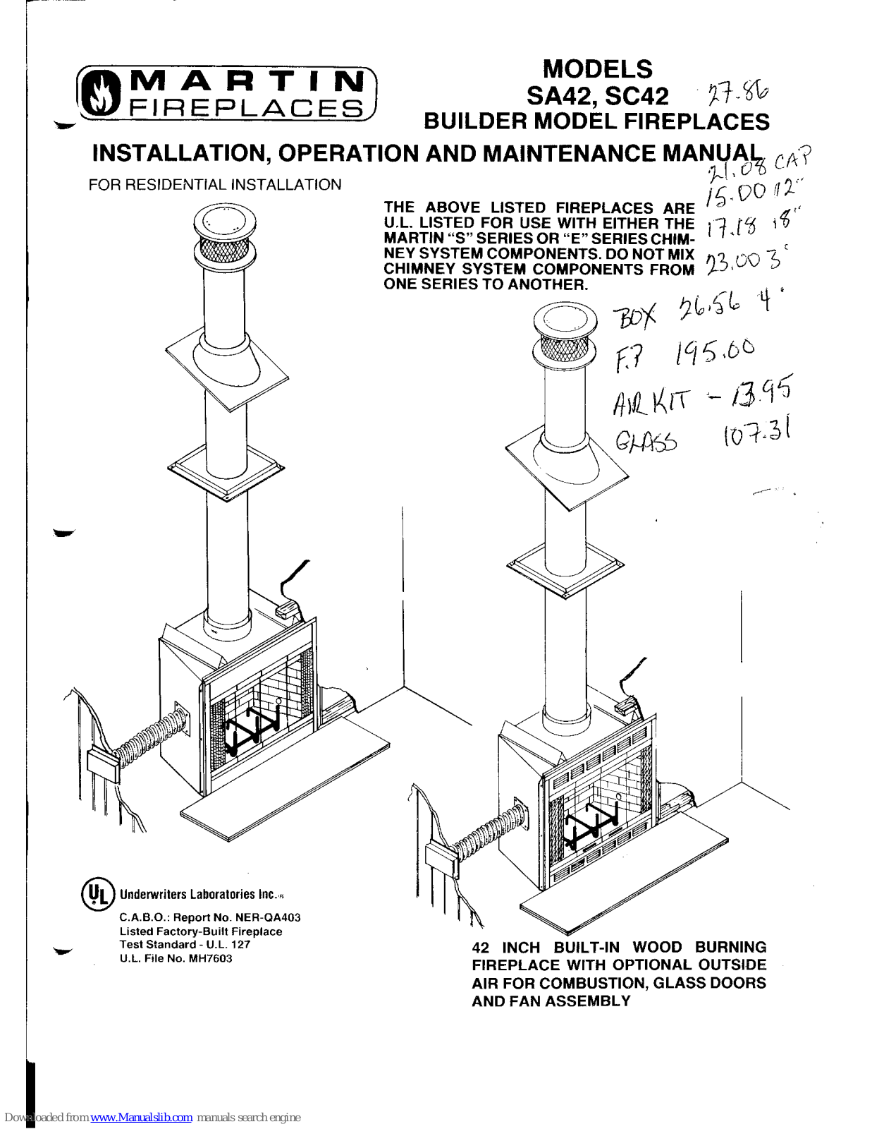 Martin Fireplaces SA 42, SC 42 Maintanance Manual