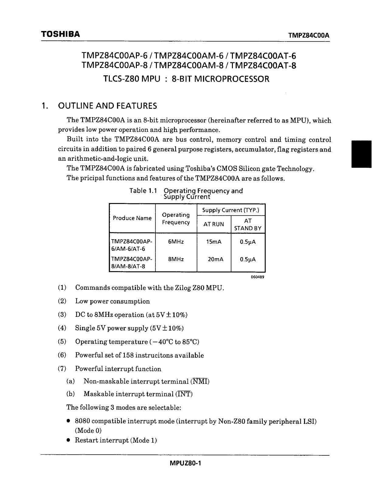 Toshiba TMPZ84C00AT-6, TMPZ84C00AP-8, TMPZ84C00AM-6 Datasheet