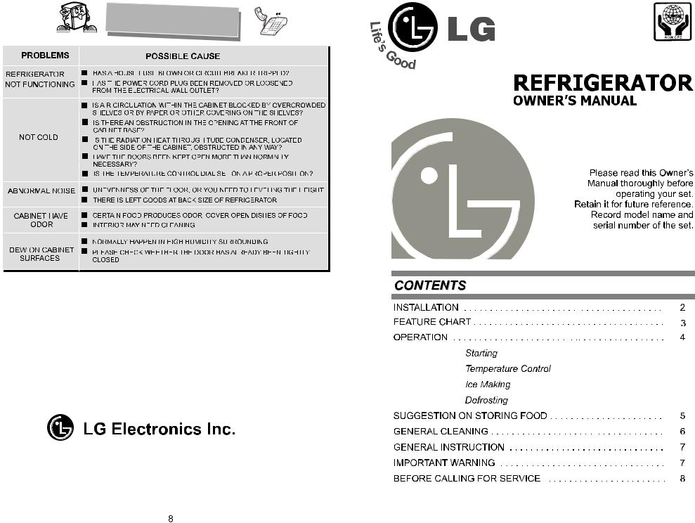 LG GR-191RLK, GN-191RLK, GN-191RL Owner’s Manual