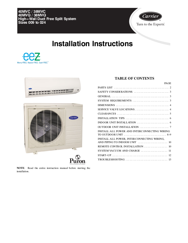 Carrier 38MVQ, 40MVC, 40MVQ, 38MVC User Manual