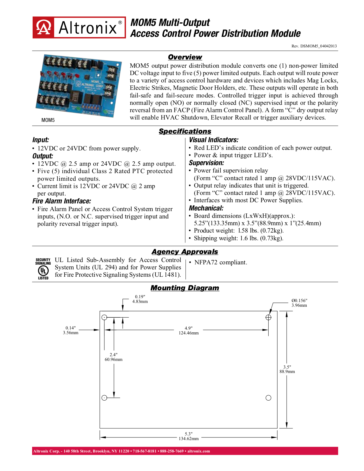 Altronix MOM5 Data Sheet