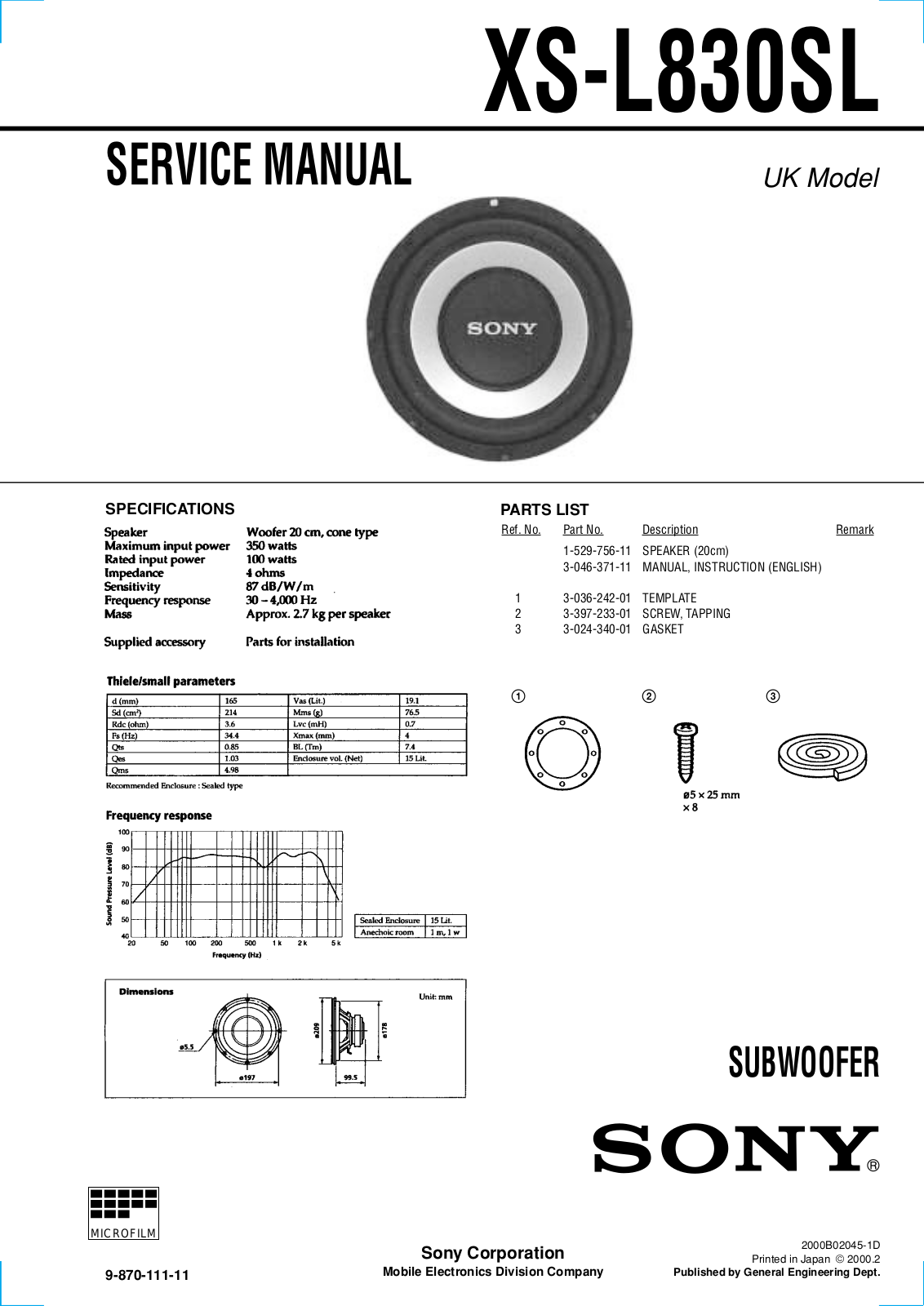 Sony XS-L830SL Service Manual