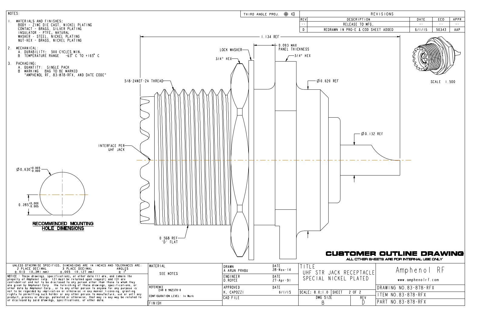 Amphenol RF 83-878-RFX Component Drawing - ManualMachine.com
