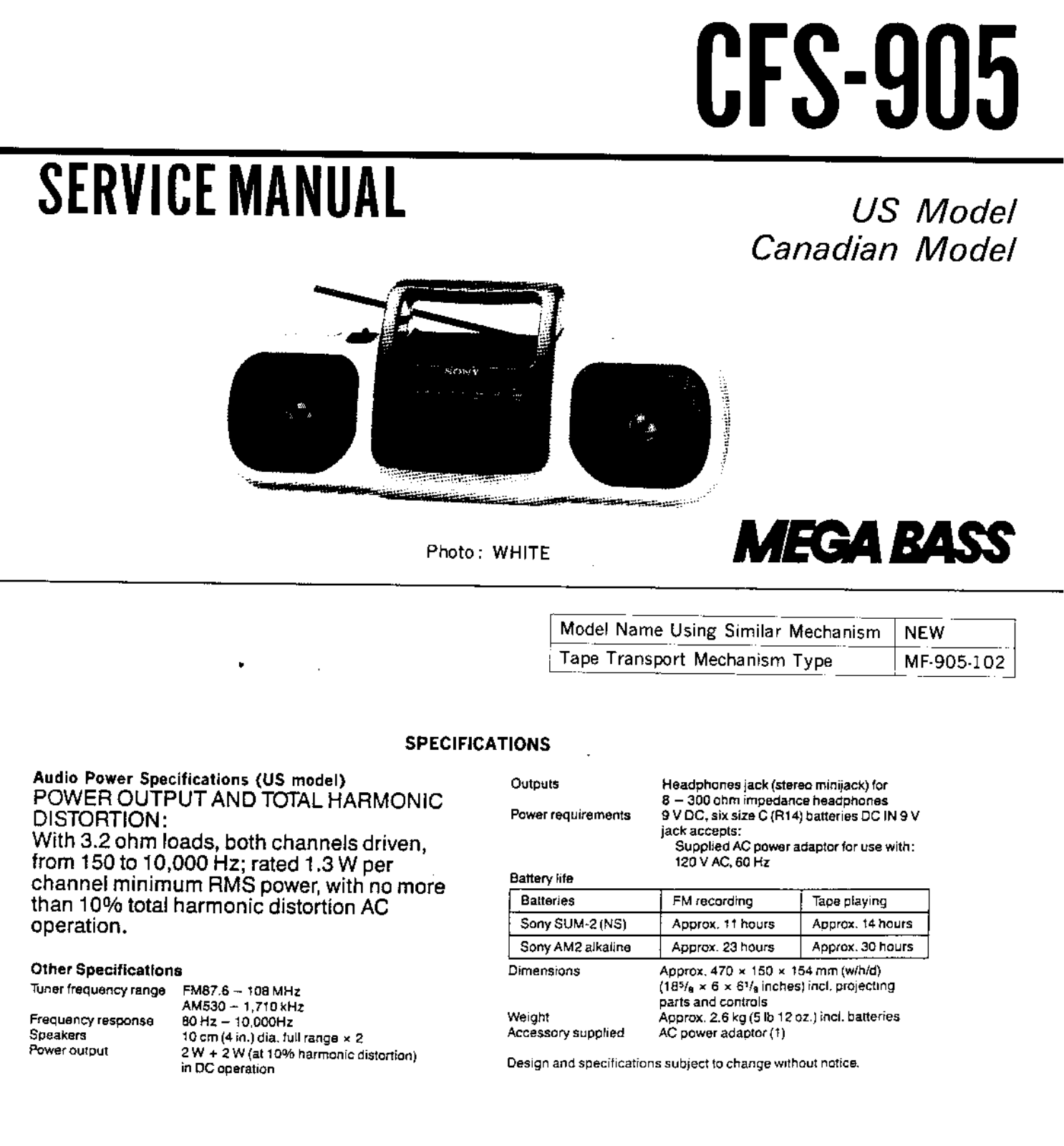 SONY CFS 905 Service Manual