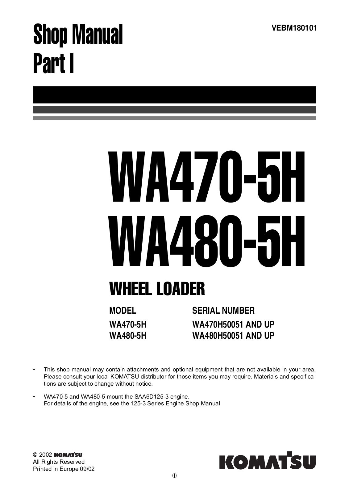 KOMATSU WA470-5-S, WA470, WA480-5 SHOP MANUAL