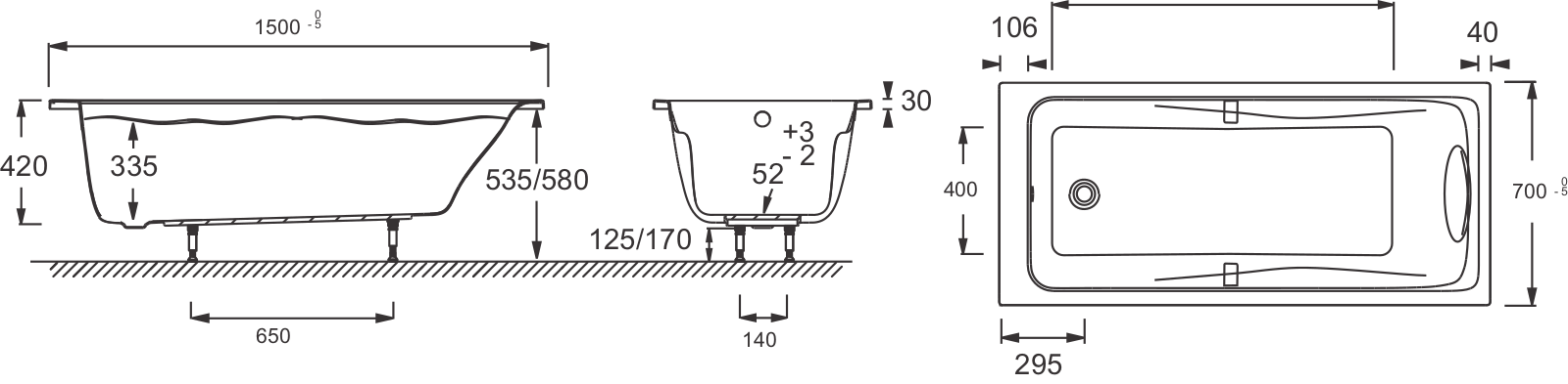 Jacob Delafon ODEON UP E6060RU-00 Dimensions